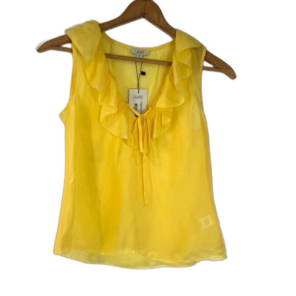Ladaire Alaina Silk Chiffon Blouse Yellow Sleeveless Sheer Ruffles XXS $129 NEW - Picture 3 of 6